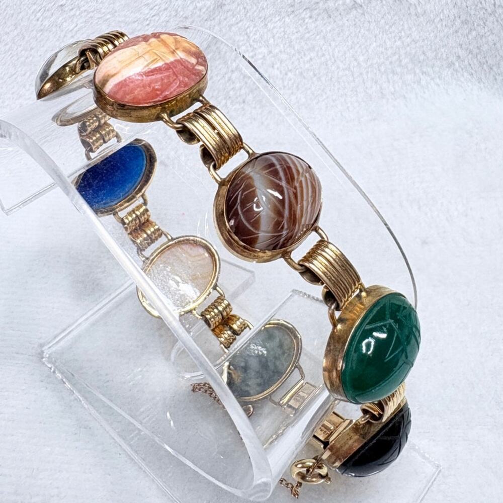 Mid‑Century Carved Gemstone Scarab Bracelet • 12K GF Clasp • Egypt Revival